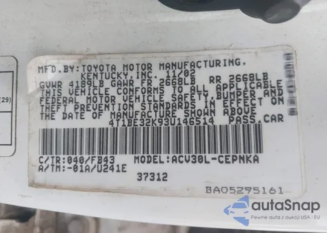 2003 Toyota Camry Le z USA, uszkodzony, nr VIN 4T1BE32K93U146514